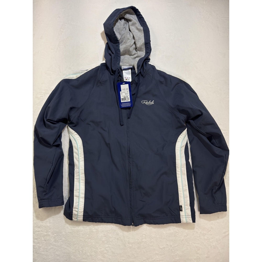 Reebok Jacket Womens Small Blue Hooded Lined Full Zip Windbreaker Striped